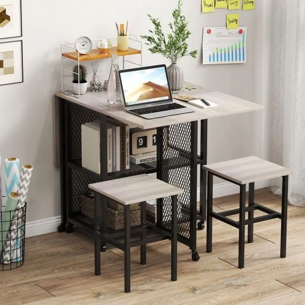 Costway Drop Leaf Bar Table Set 3 Piece Folding Dining Table Set w/2 Stools in Grey 5