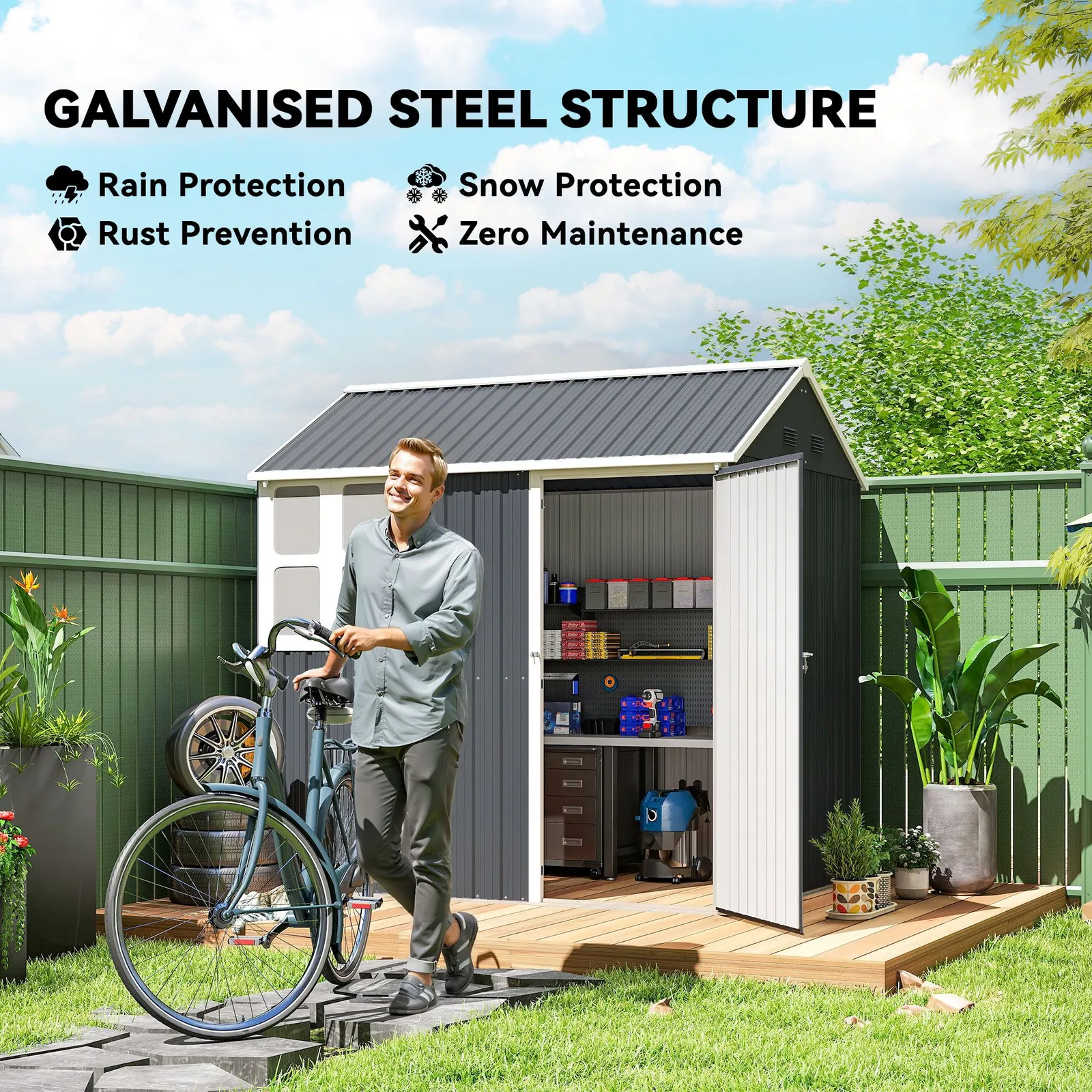 OUTSUNNY 7 x 6 ft Metal Garden Shed Outdoor Storage Shed with Doors Window Sloped Roof, Dark Grey 4