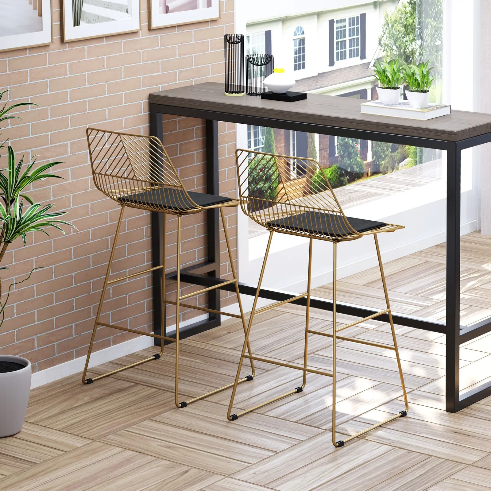 HOMCOM Modern Counter Height Bar Stools Set of 2 pcs Wire Metal Barstools in Gold