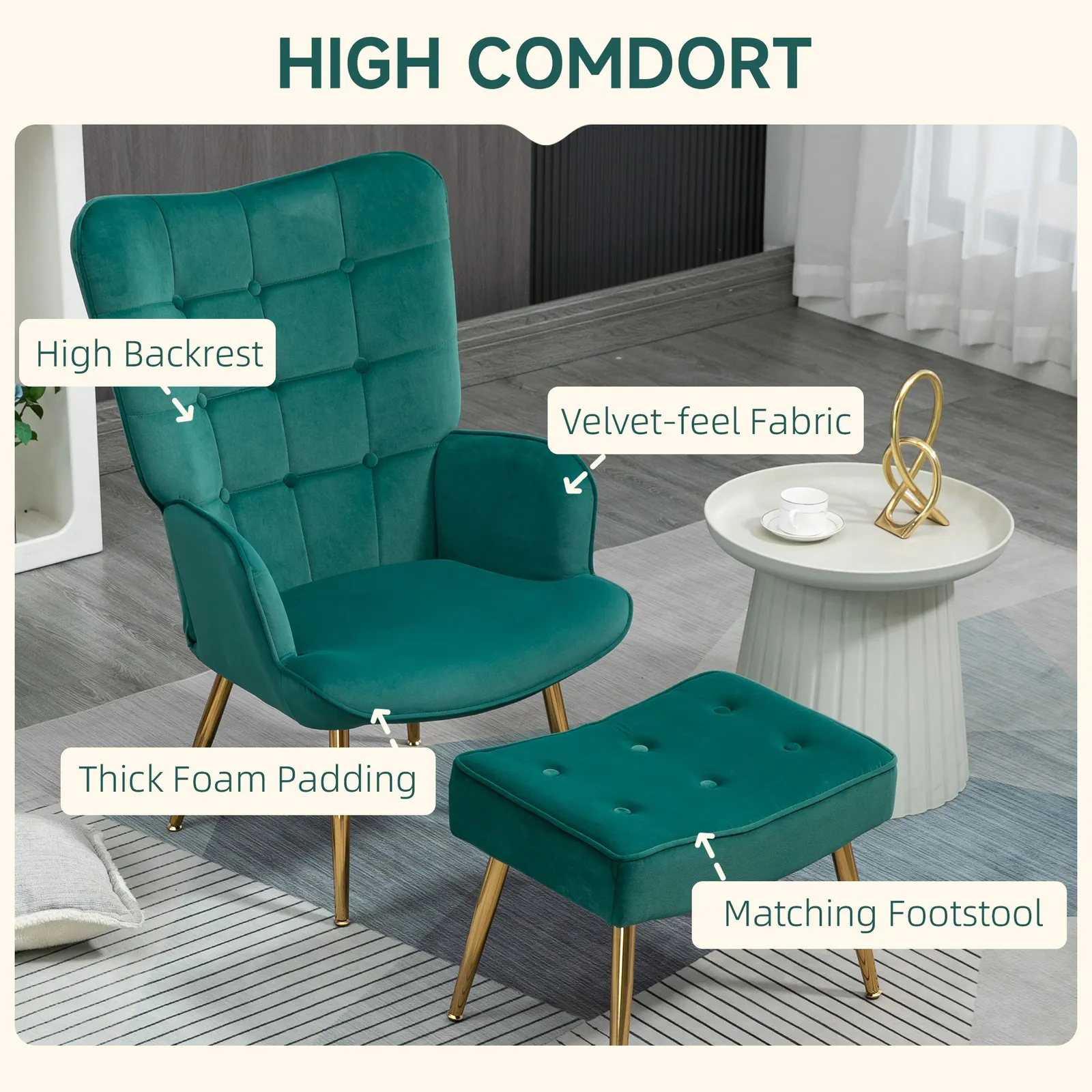 HOMCOM Armchair with Footstool Button Tufted Accent Chair w/ Steel Legs in Green 4