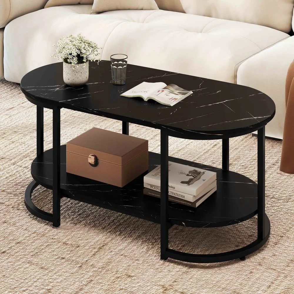Costway Marble Coffee Table Modern 2-Tier Center Table with Shelf-Black in Black 4