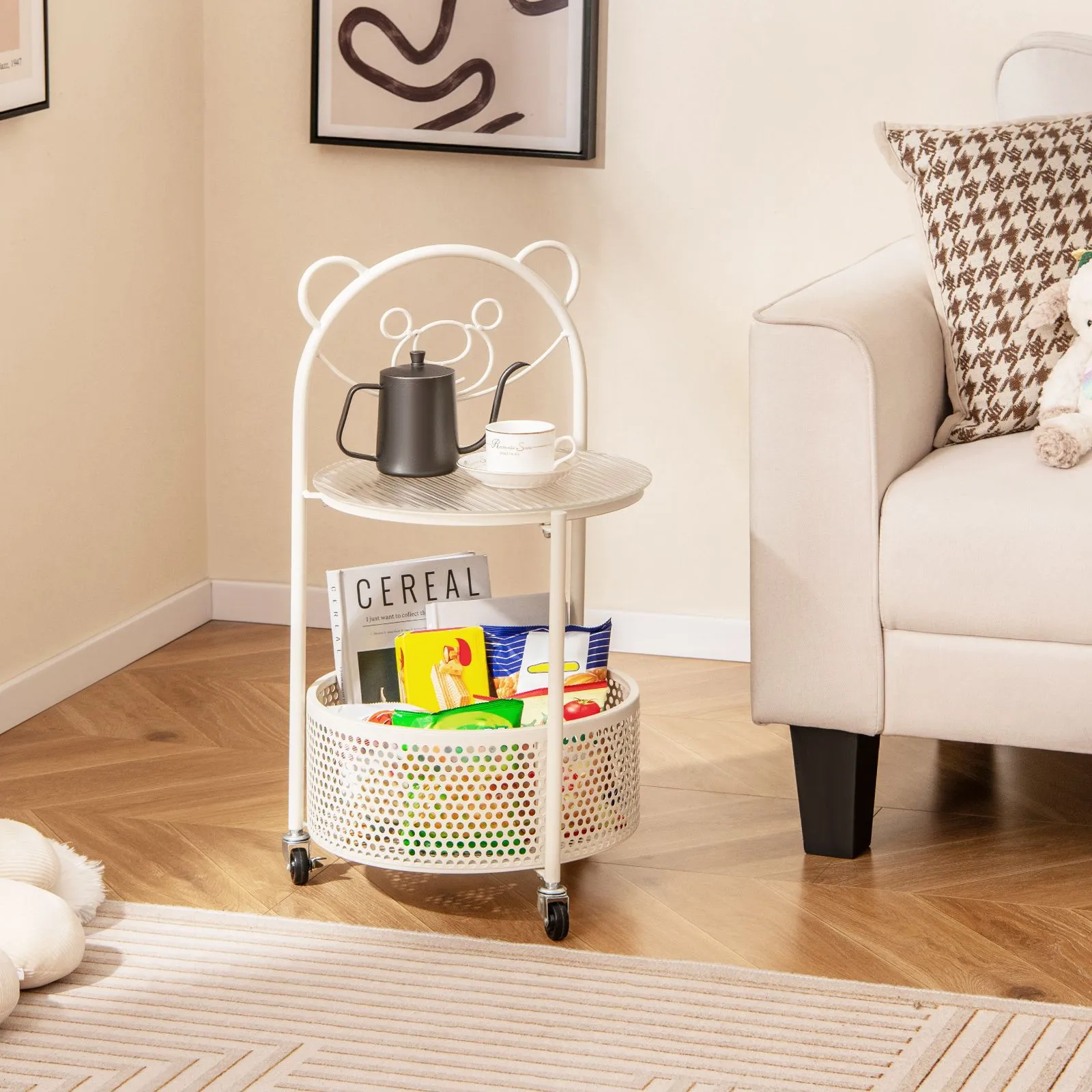 Costway Mobile Glass Coffee Table 2-Tier Round End Table w/Bear Pattern in White 3