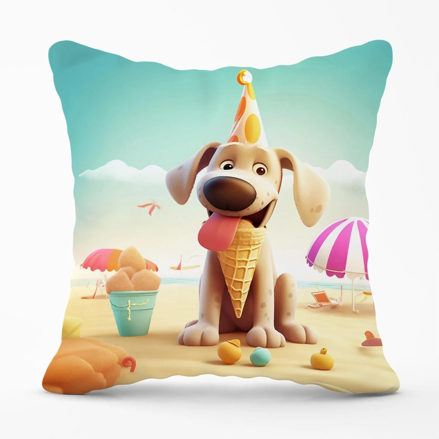 Warren Reed - Designer Dog On A Beach Holiday Outdoor Cushion in Yellow