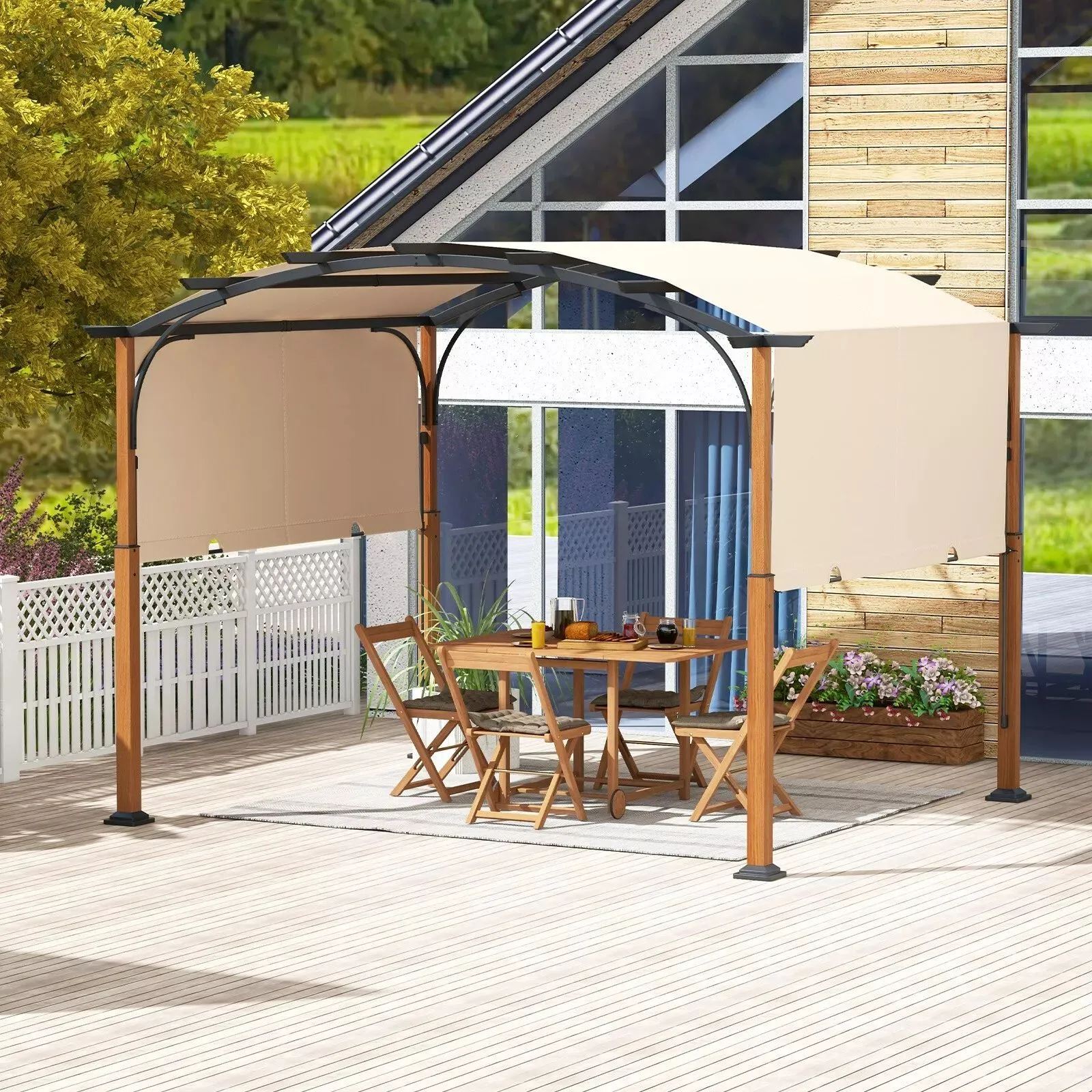 Costway 300x360cm Retractable Pergola Arched Patio Pergola Outdoor Metal Gazebo in Beige 4