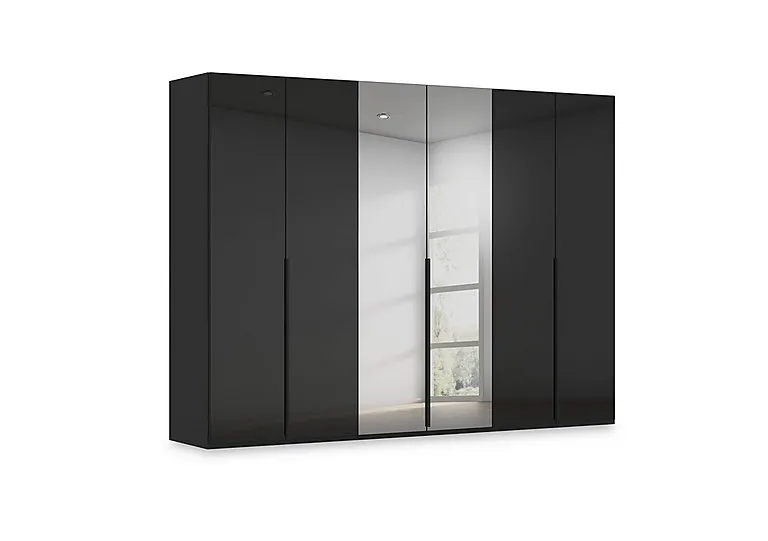 Haven 301cm 6 Door Hinged Wardrobe with 4 Glass Doors and 2 Mirror Doors - Black Glass