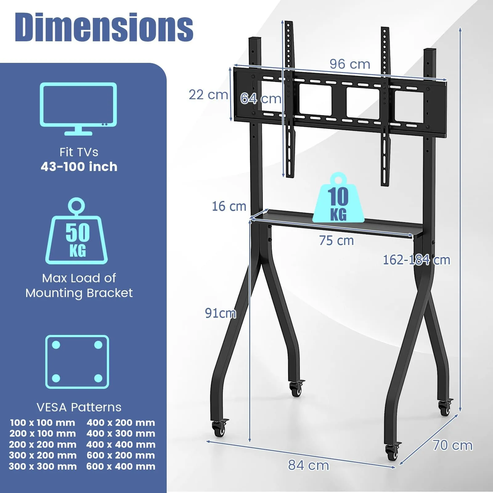 Costway Mobile TV Stand Rolling TV Cart for 43"-100" Flat/Curved Screens in Black 2
