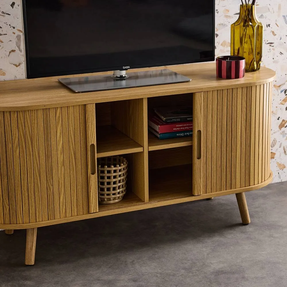 sweeek 120cm Scandi-style Tv Unit With Grooved Wooden Effect & 2 Sliding Do in Light Brown 4