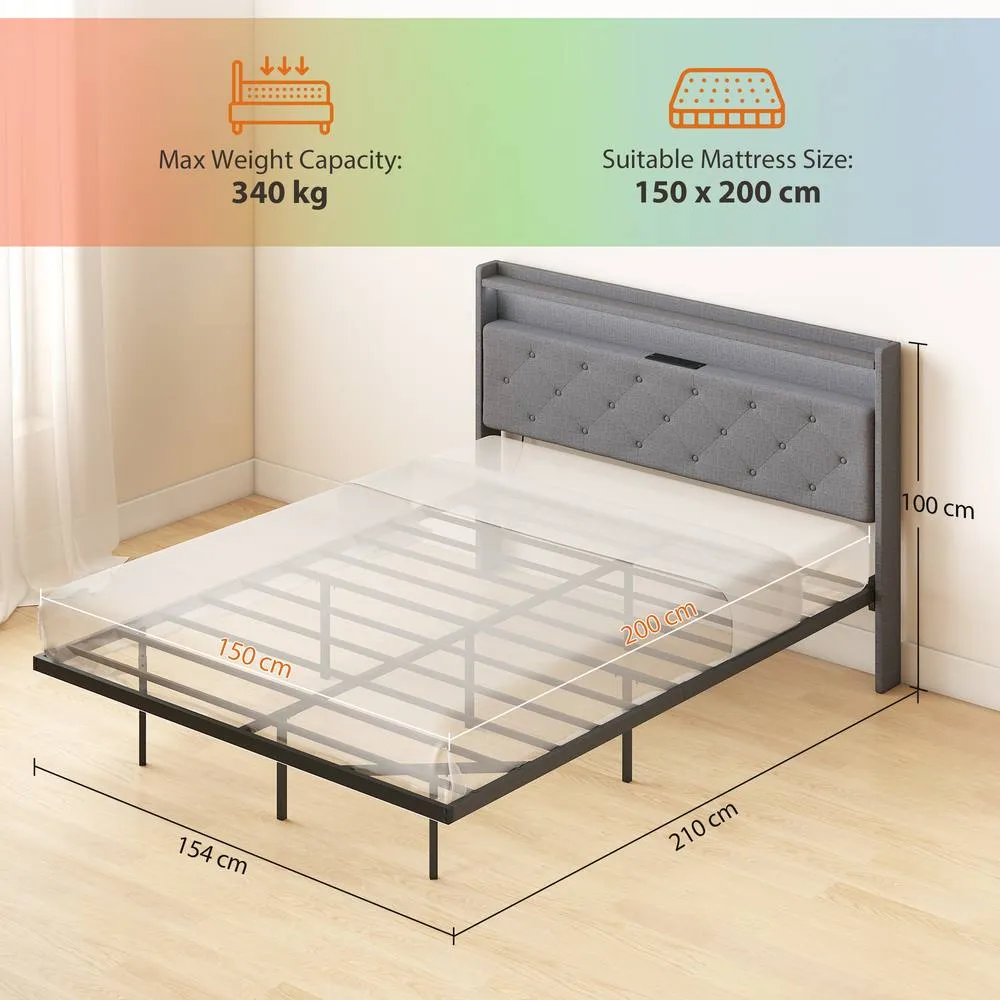 HOMCOM Floating Bed Frame with RGB Lights, Upholstered Bed Frame, Grey 3