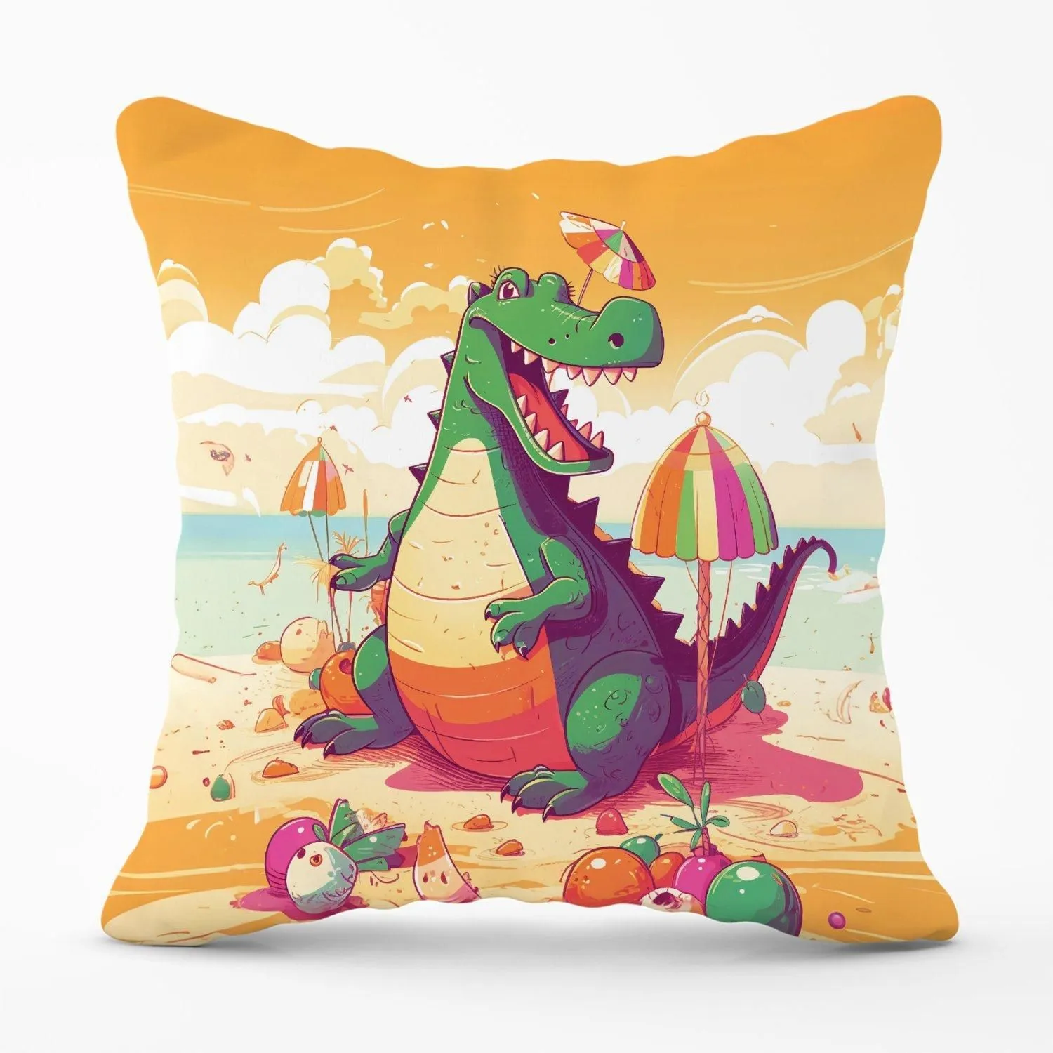 Warren Reed - Designer Crocodile On A Beach Holiday Outdoor Cushion in Yellow