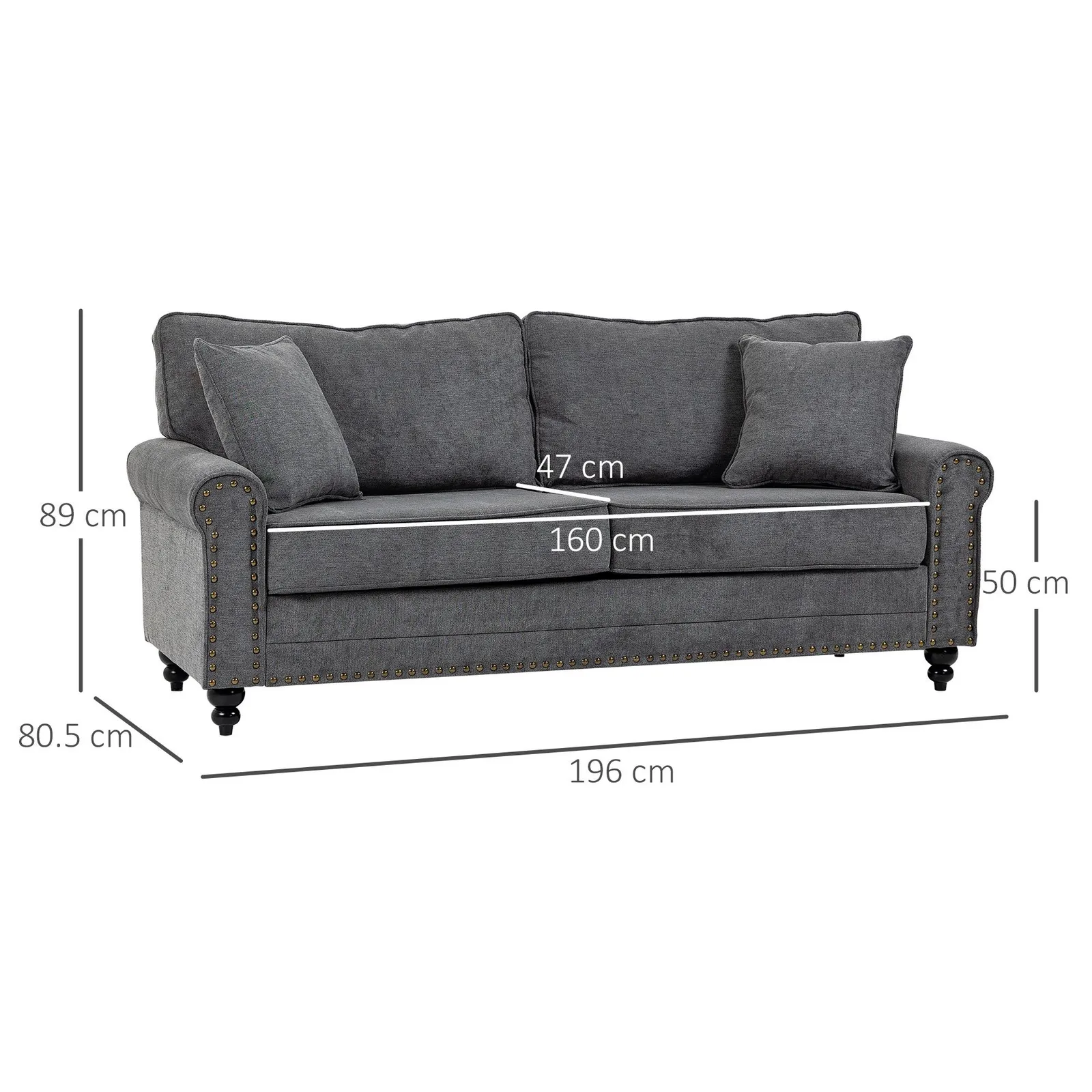 HOMCOM 3 Seater Sofas Fabric Sofa with Nailhead Trim Cushions & Throw Pillows in Grey 3