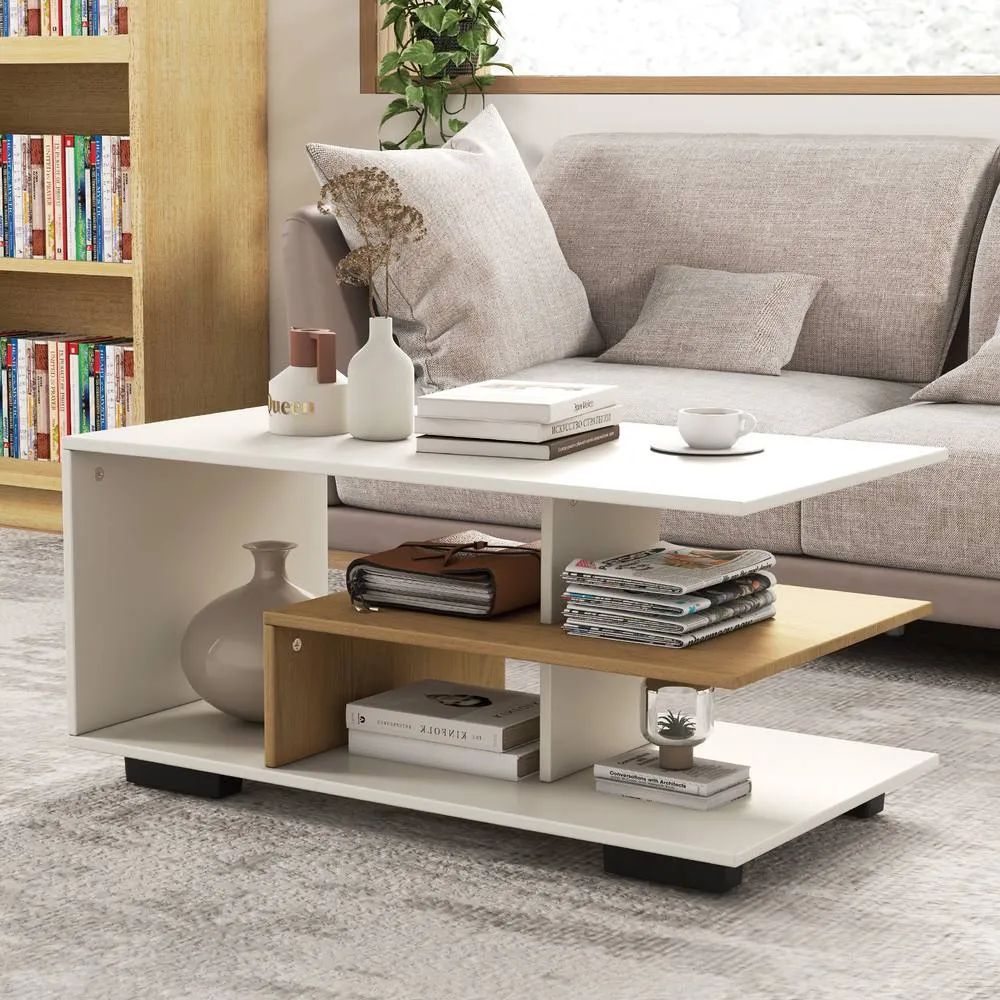 Costway Modern Rectangular Center Table Wooden Coffee Table w/ L-shaped Middle Shelf in White 3