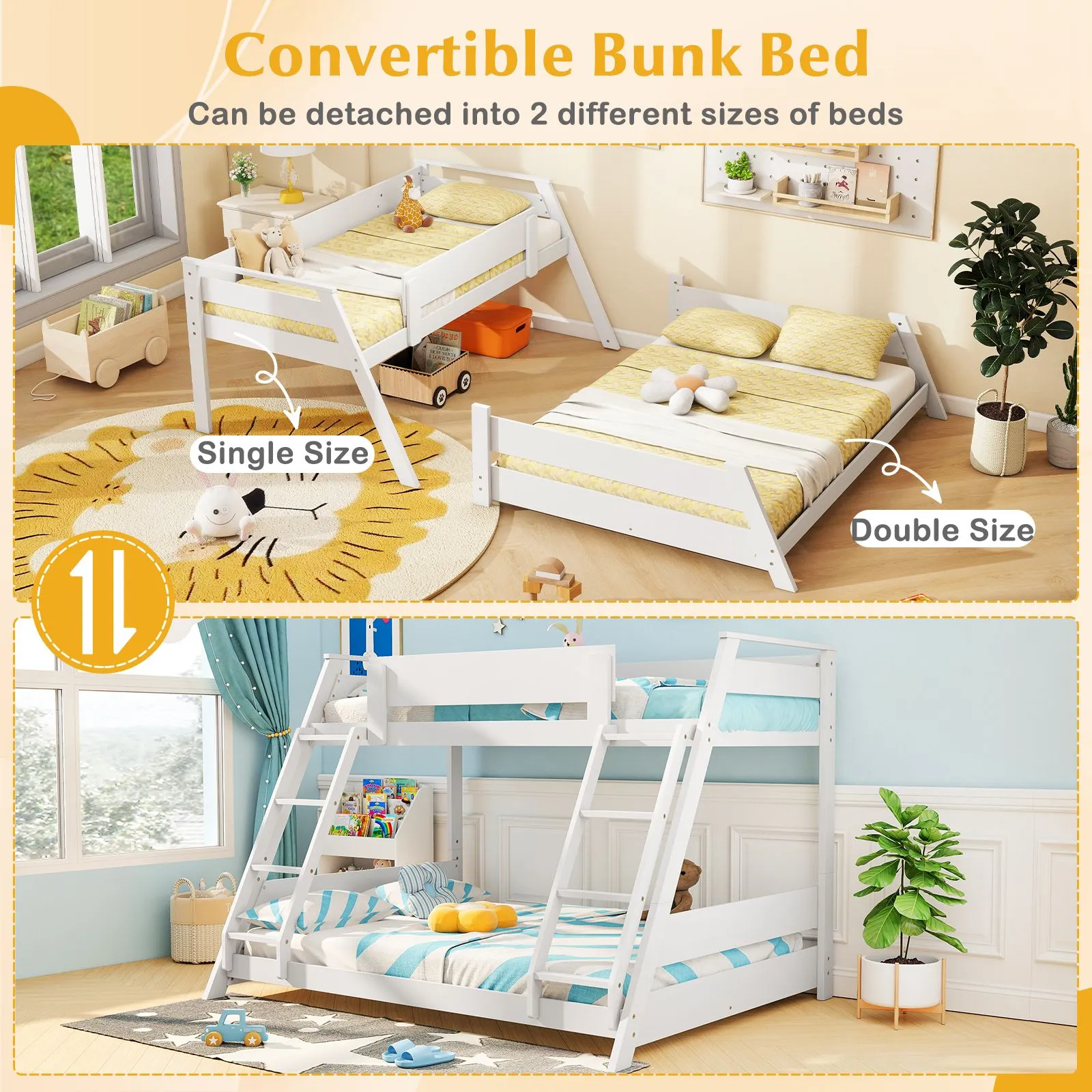 Costway 2-in-1 Single Over Double Bunk Bed Convertible Bed Frame w/ 2 Ladders in White 6