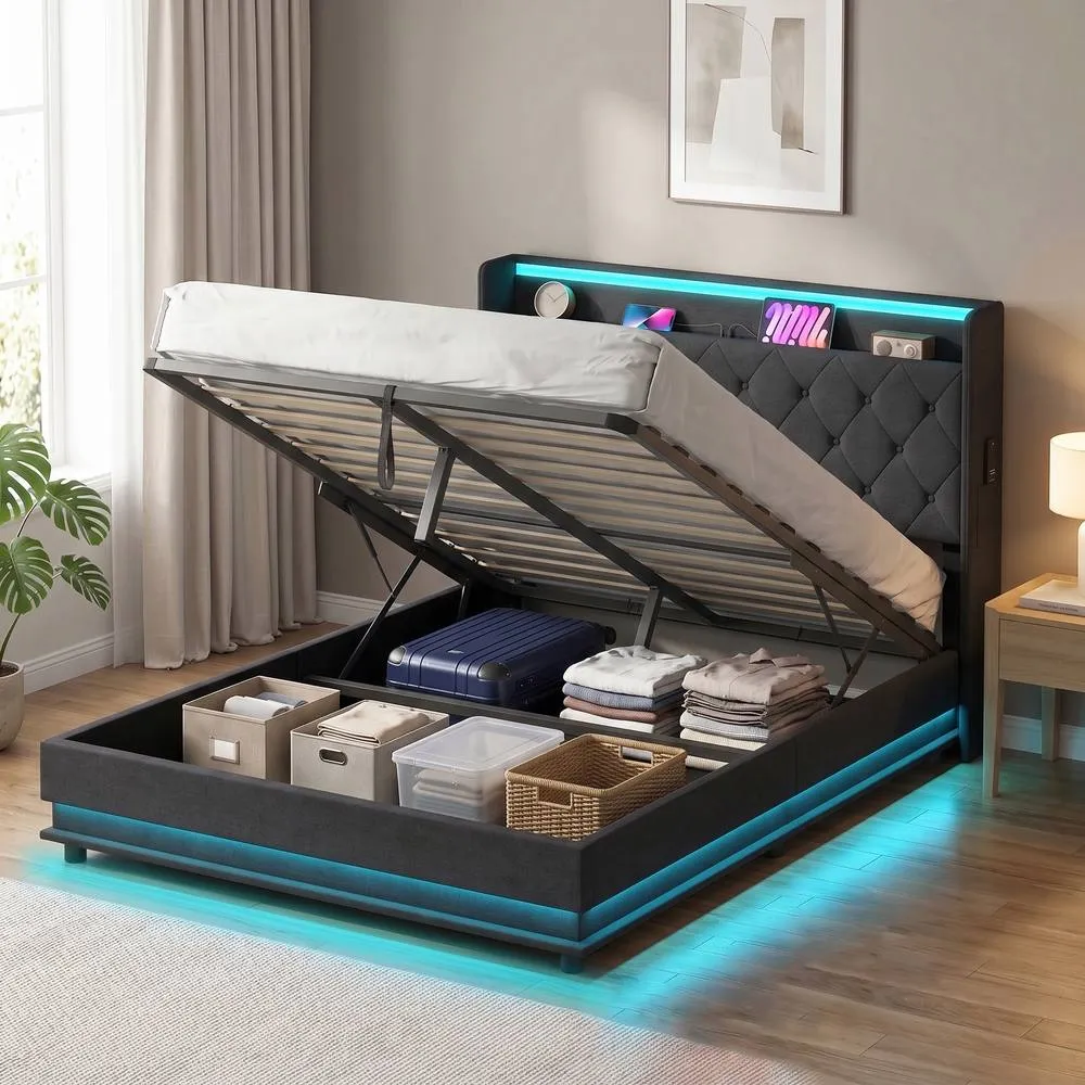 HOMCOM Lift up Storage Bed Frame with RGB LED Lights, 135 x 190cm, Black 2