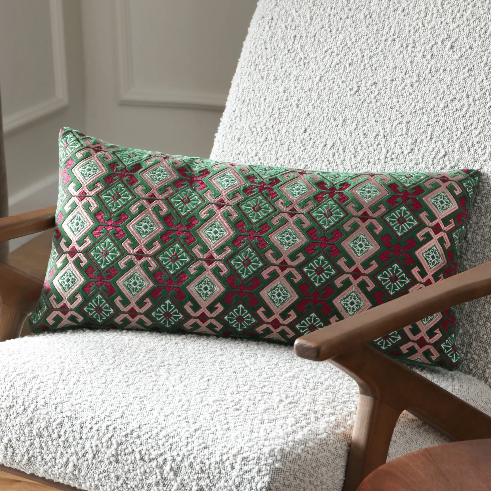 Paoletti Laurel Floral Embroidered Cushion in Bright Green 1