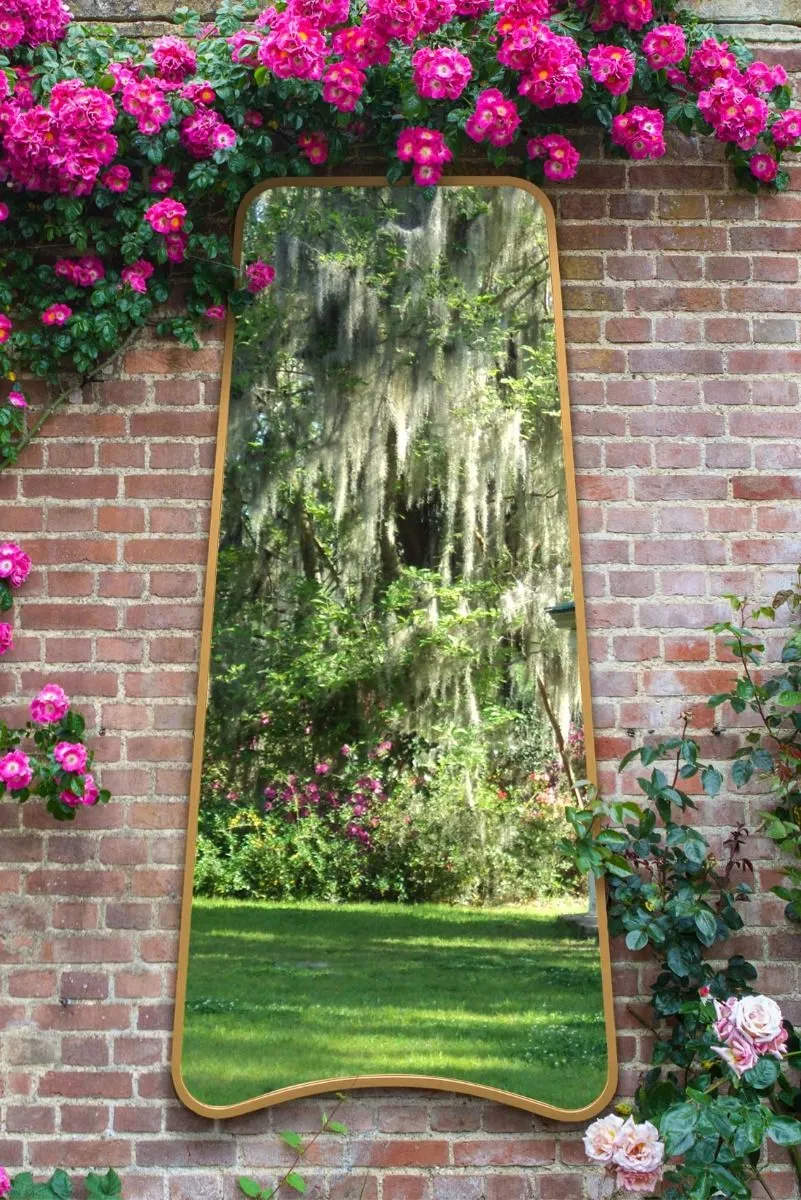 MirrorOutlet Gold Metal Trapezoid Shape Framed Garden Wall Mirror (180CM X 85CM)