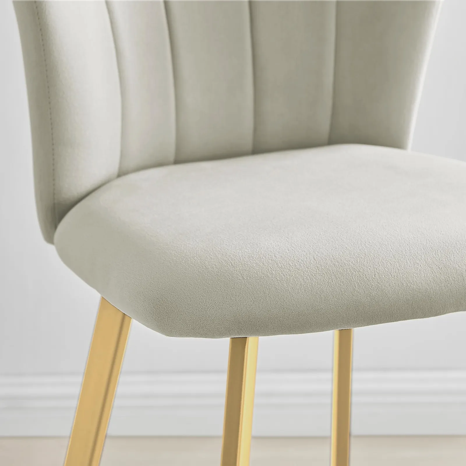 FurnitureboxUK Set of 2 Juniper Soft Touch Velvet Fluted Art Deco Counter Stools With Gold Chrome Metal Legs in Beige 3