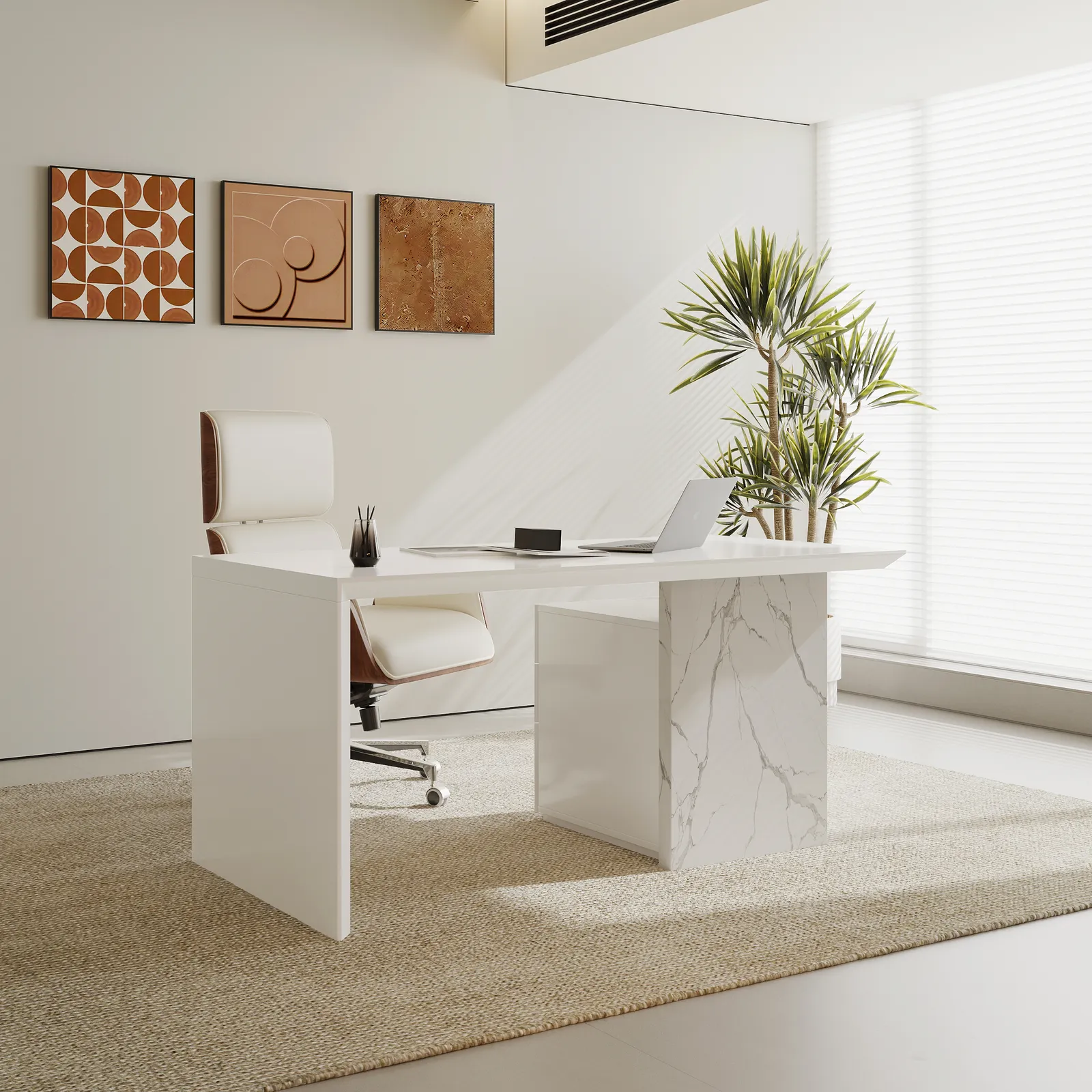 1520mm Modern MDF & Marble Veneer Desk & Off White Home Office Chair Set High Back