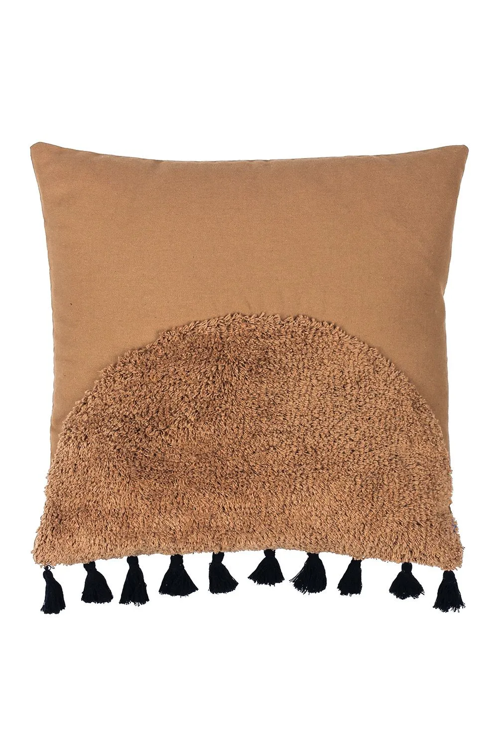 Furn Radian Semi Circle Tufted Cotton Tasselled Cushion in Brown