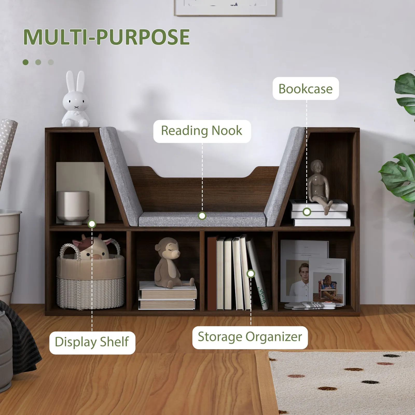 HOMCOM Bookcase Storage Shelf with Cushioned Reading Seat, Six Cubes in Walnut 6
