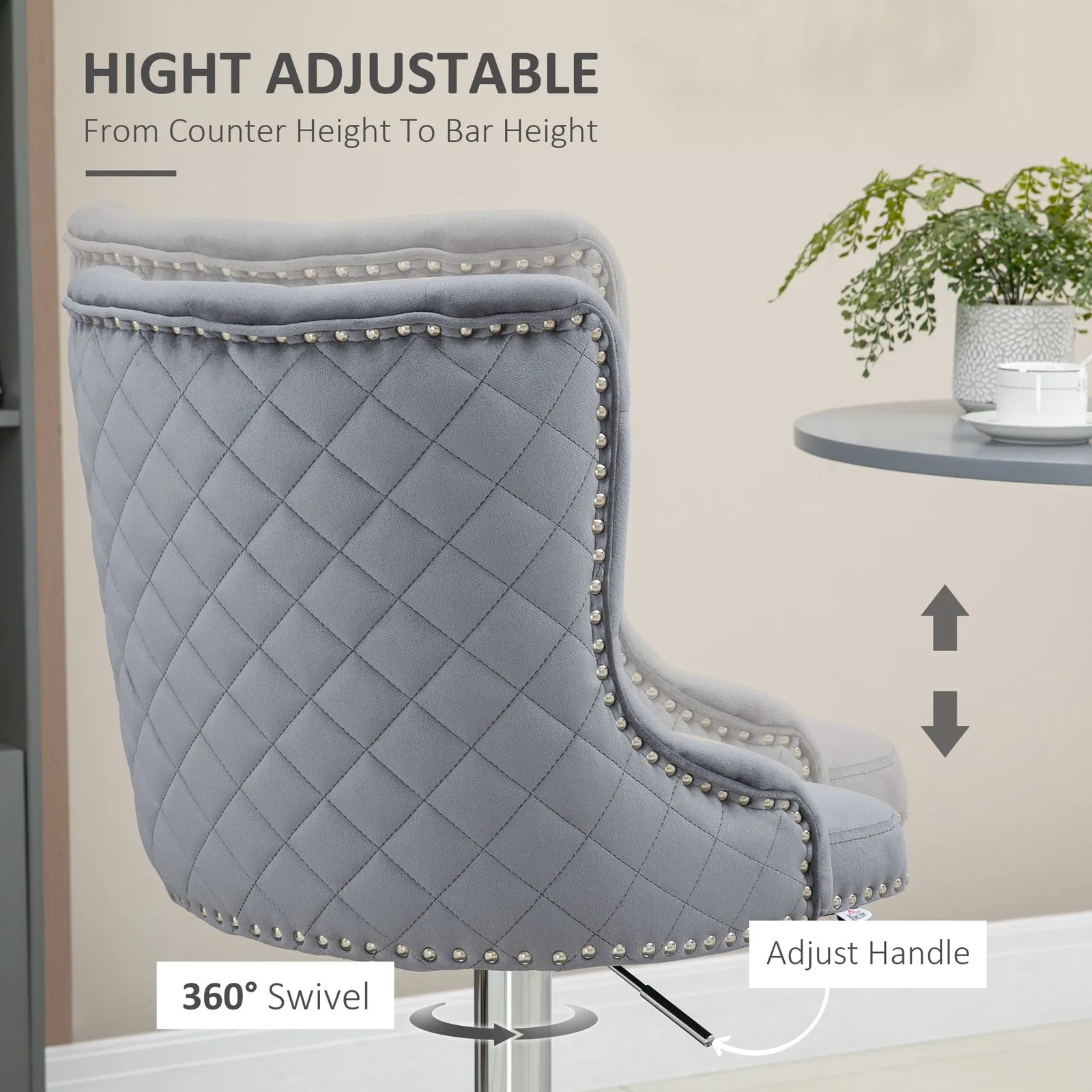 HOMCOM Bar Stools Set of 2, Swivel Velvet Barstools with Footrest, Grey 5