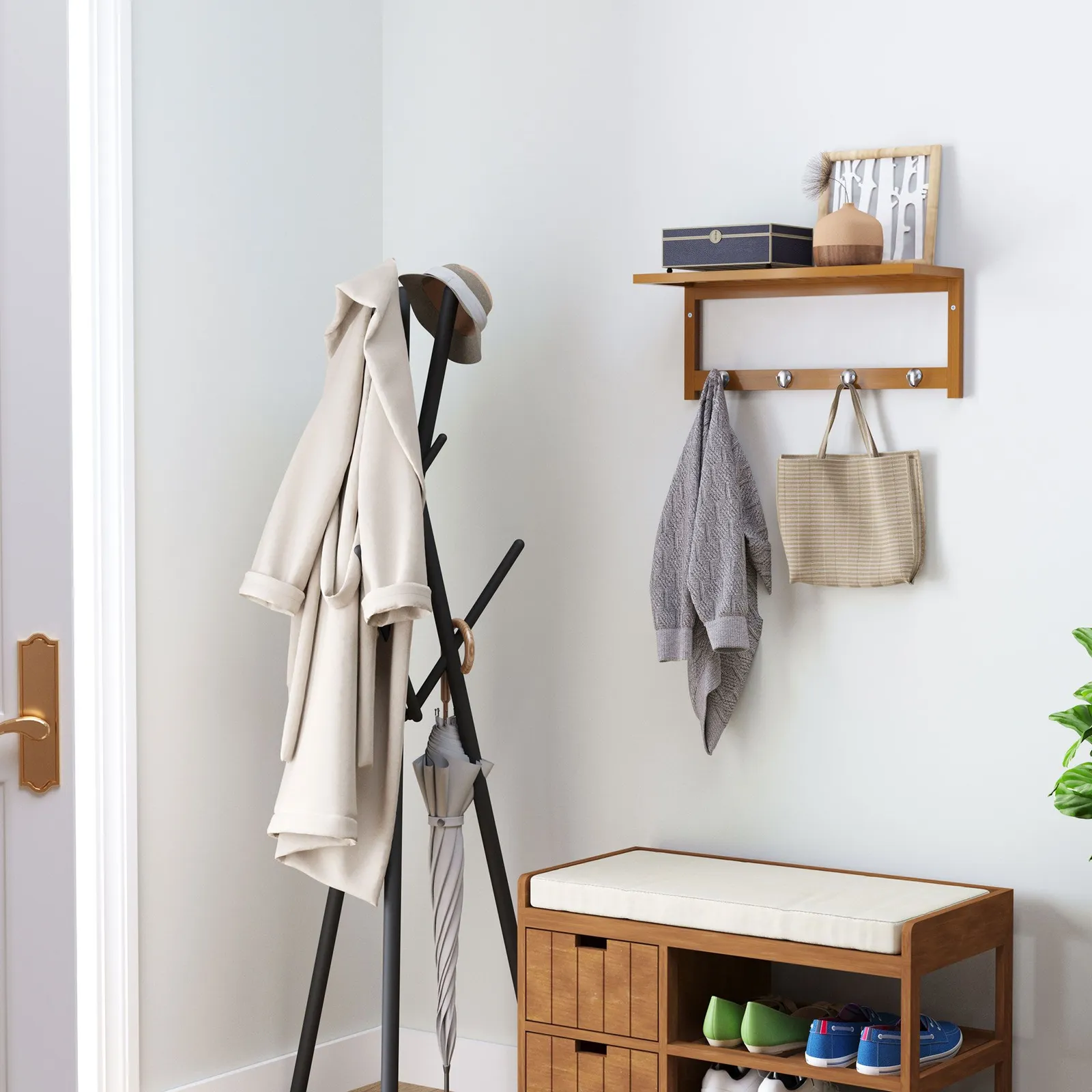 HOMCOM Mounted Shelf Clothes Rack Hanging Coat Hooks Hallway Wall Kitchen in Light Brown
