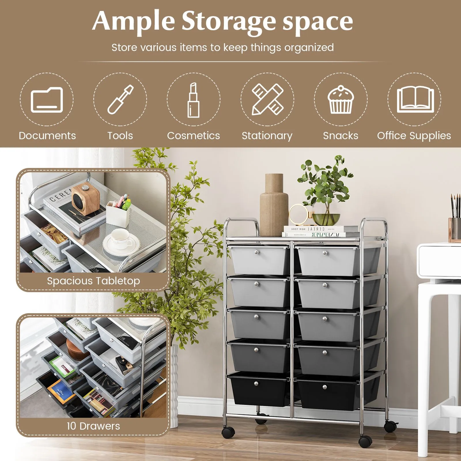 Costway 10 Drawers Storage Trolley Mobile Rolling Utility Cart Home Office Organizer in Black 4