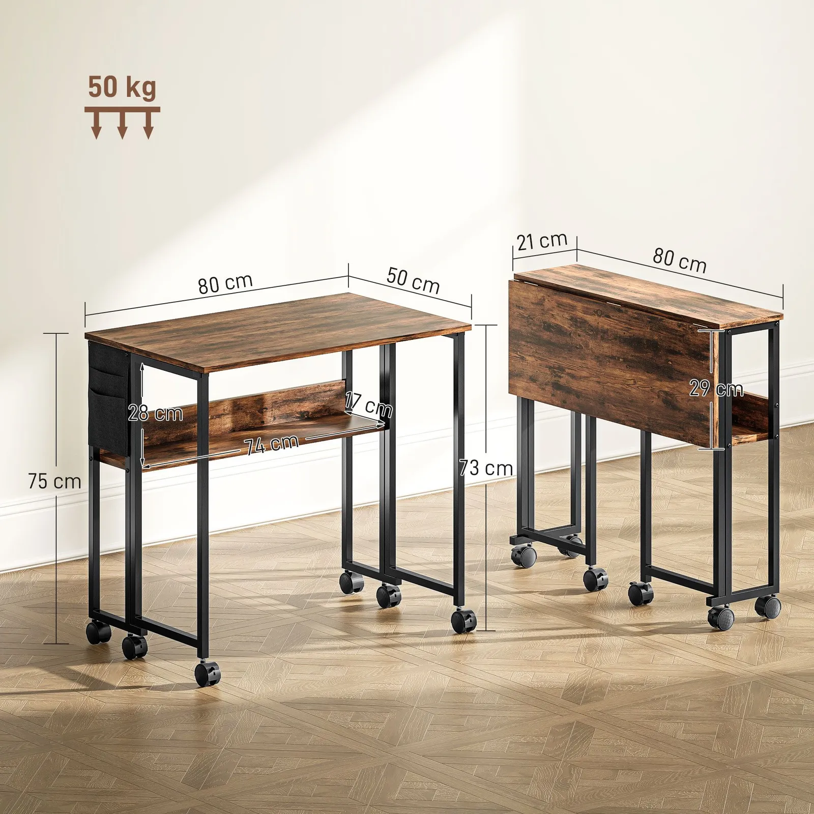 HOMCOM 80 cm Foldable Computer Desk on Wheels for Small Spaces Rustic Brown in Dark Brown 3