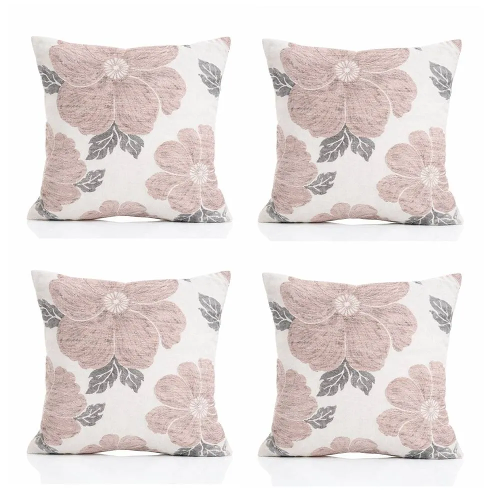 Luxury Living Poppy Chenille Cushions Set of 4 - Luxurious Floral Design, Thick Jacquard Fabric, Easy-Care with Wide Zip in Pink