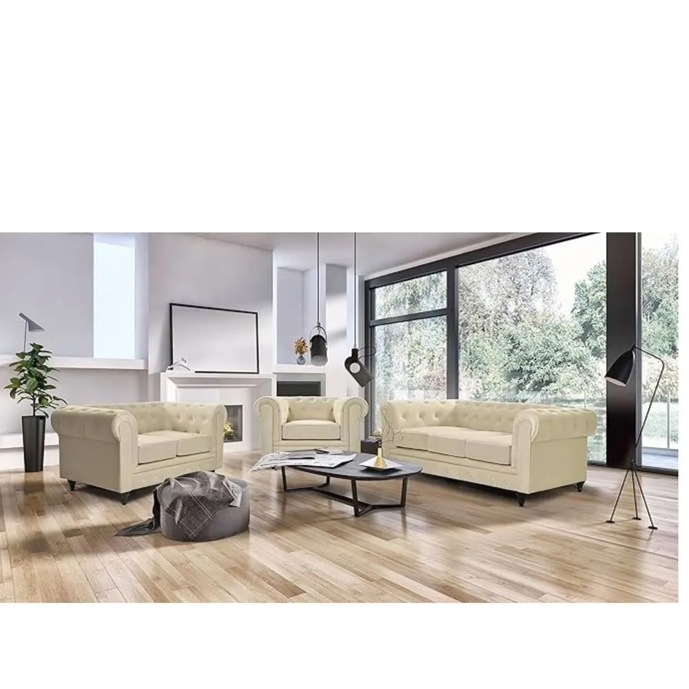 Bliss Furniture Velvet Chesterfield Sofa Suite Armchair 2 & 3 in Cream