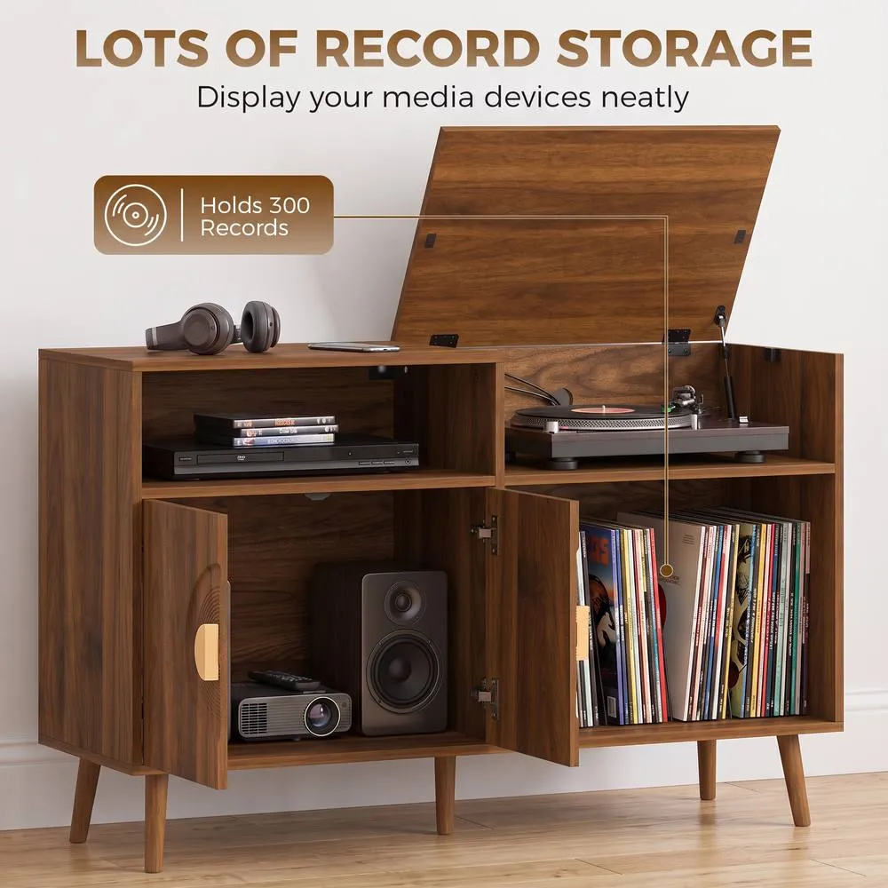HOMCOM Record Player Stand Holds Up to 300 Albums with Cable Hole in Walnut 4