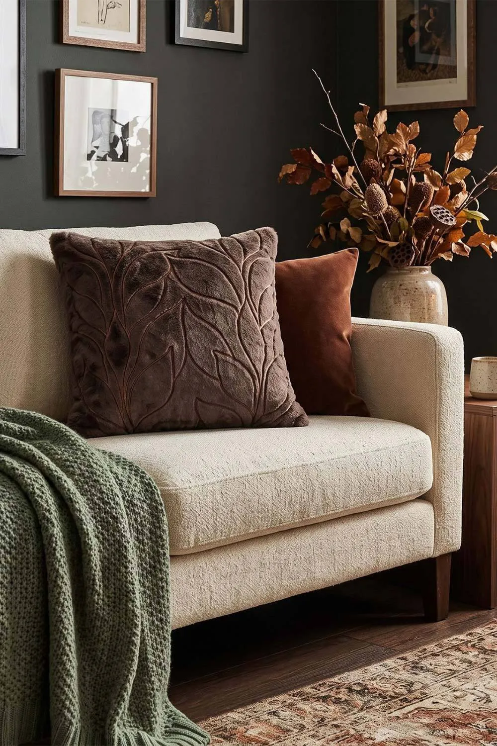 Homescapes Faux Fur Embossed Botanical Leaves Cushion with Cover in Brown 5