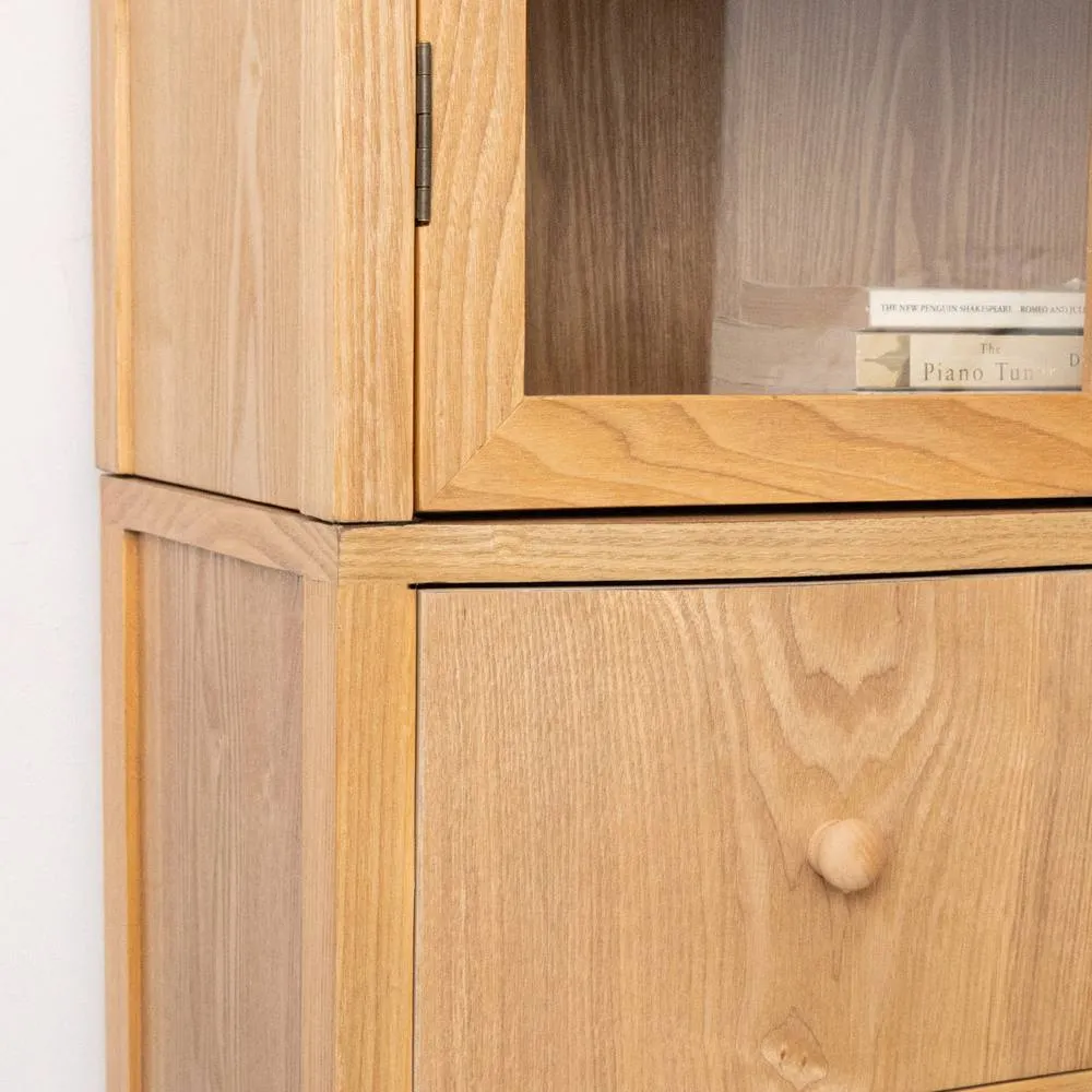 Melody Maison Large Curved Pale Wood Glass Fronted Display Cabinet - Austin Wood Range in Brown 6
