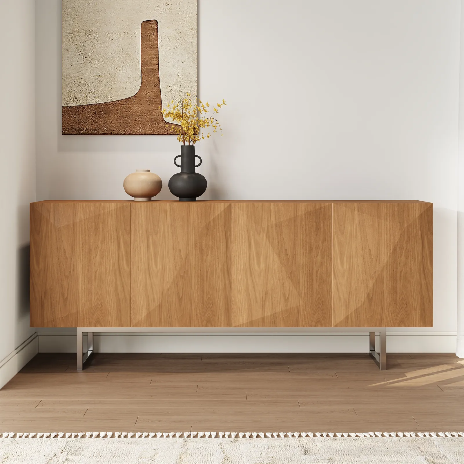 Modern 180 cm Natural Buffet Sideboard Kitchen Cabinet with 4 Doors Adjustable Shelves