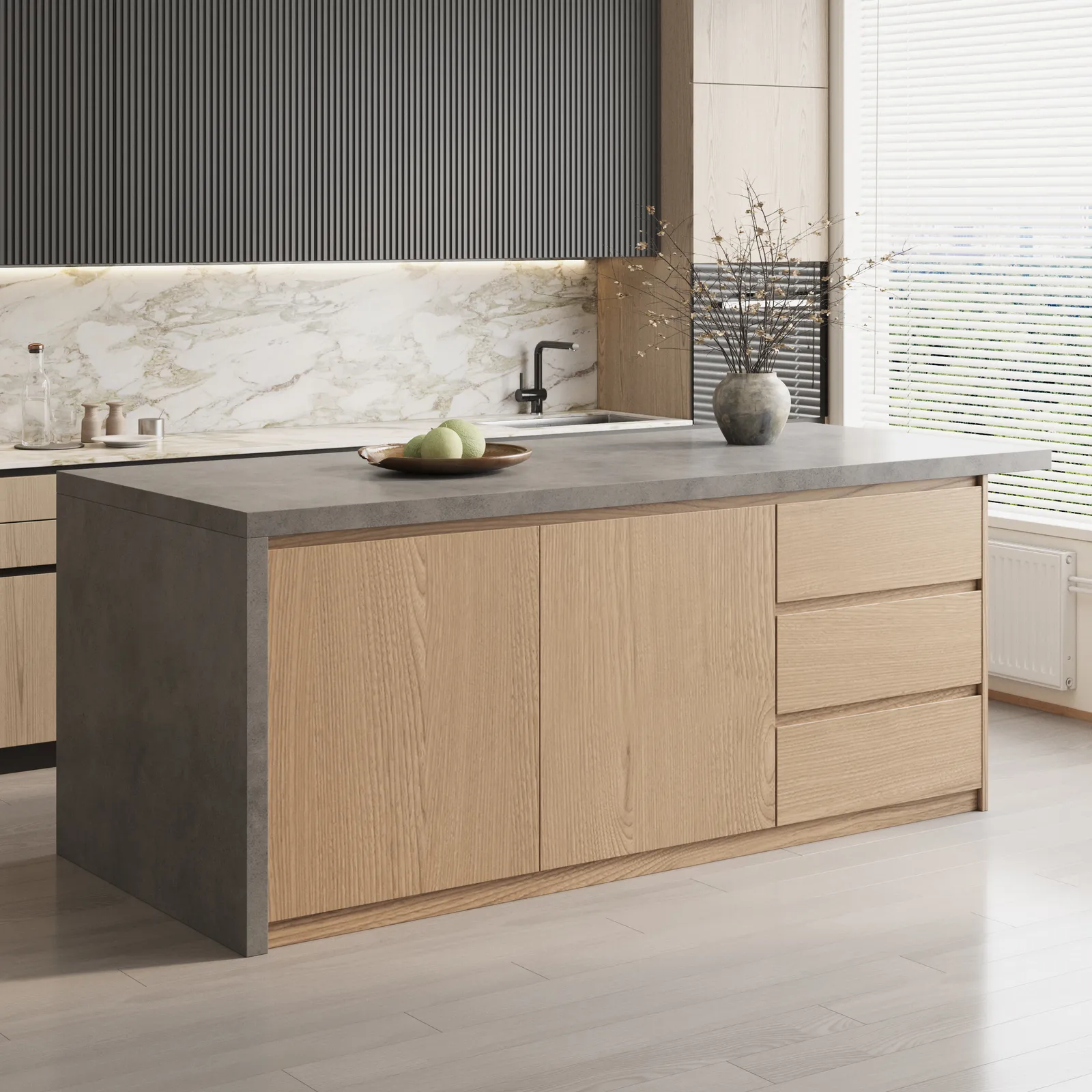 183 cm Japandi Style Wood Kitchen Island