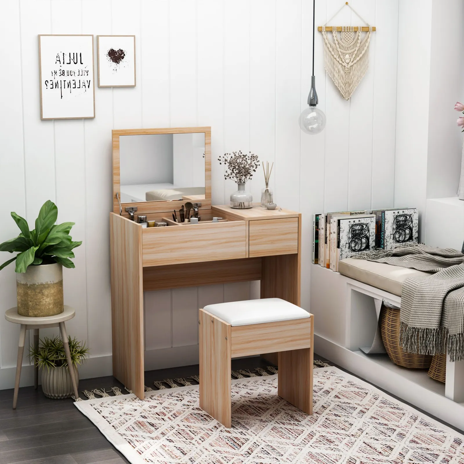 HOMCOM Dressing Table Set Cushioned Stool Flip-up Mirror Drawer Chipboard in Natural