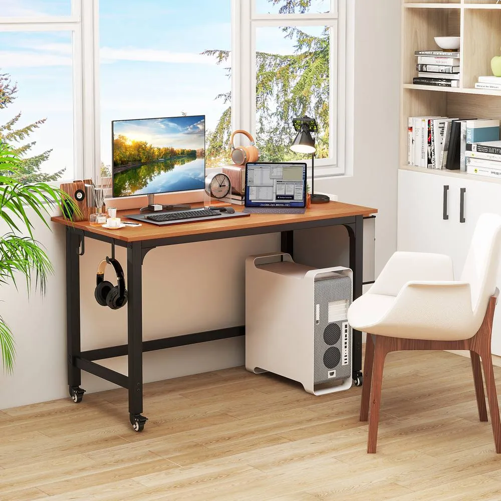 Costway Mobile Computer Desk 120cm Home Office Desk w/ Storage Bag-Teak in Brown 3