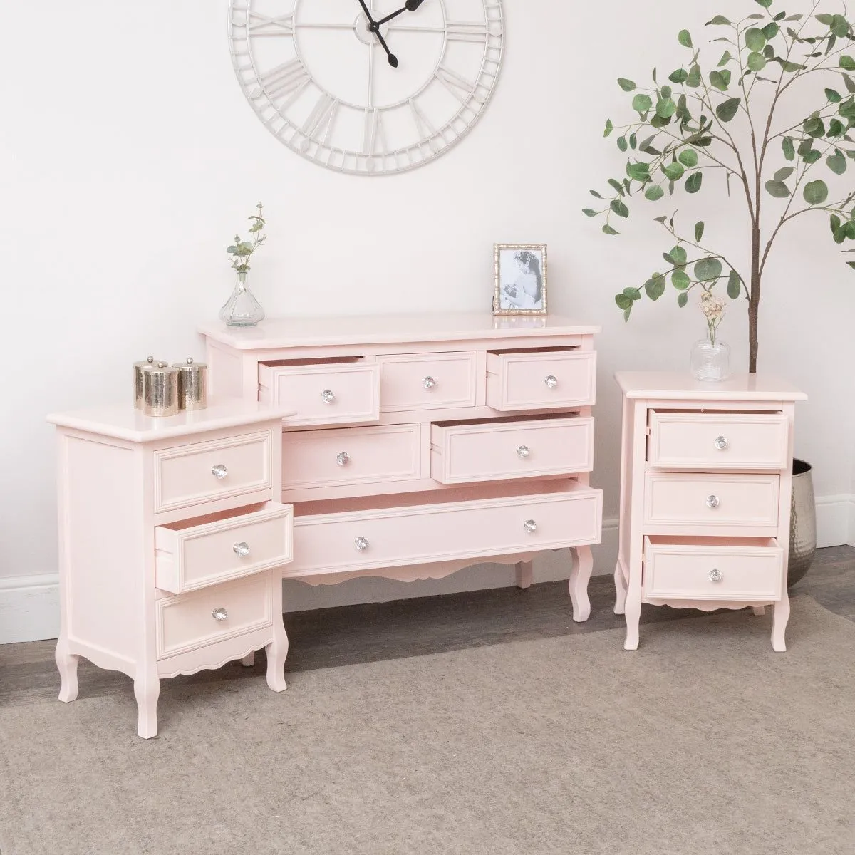 Melody Maison Large Pink 6 Drawer Chest Of Drawers & Pair Of 3 Drawer Bedsides - Sophia Pink Range in Pale Pink 2