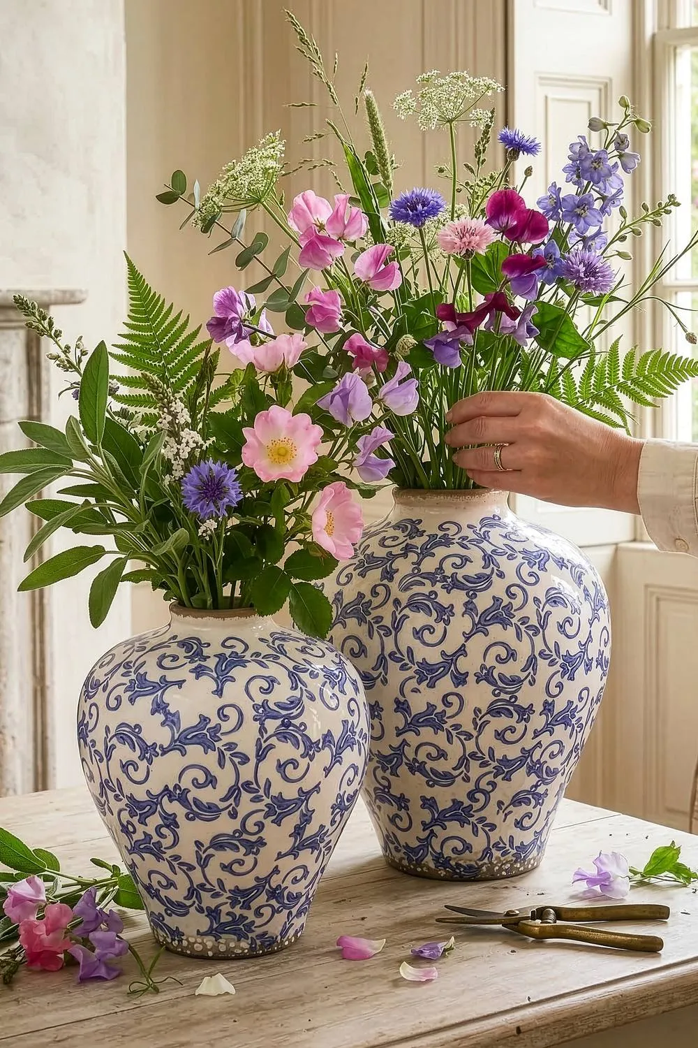 Dibor Set of 2 Vintage Luxury Solene Blue Botanical Round Flower Vase