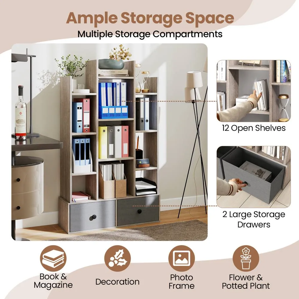 Costway 12 Tier Bookshelf Open Storage Wood Bookcase Organizer Display Shelf in Grey 4