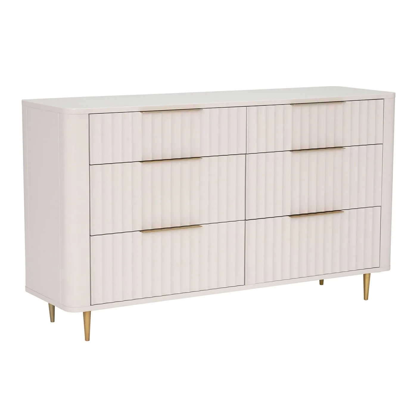 6 Drawer Wide Chest Of Drawers - Ivory White With Brass Legs - W144 x D44 x H83.5cm - Barker & Stonehouse