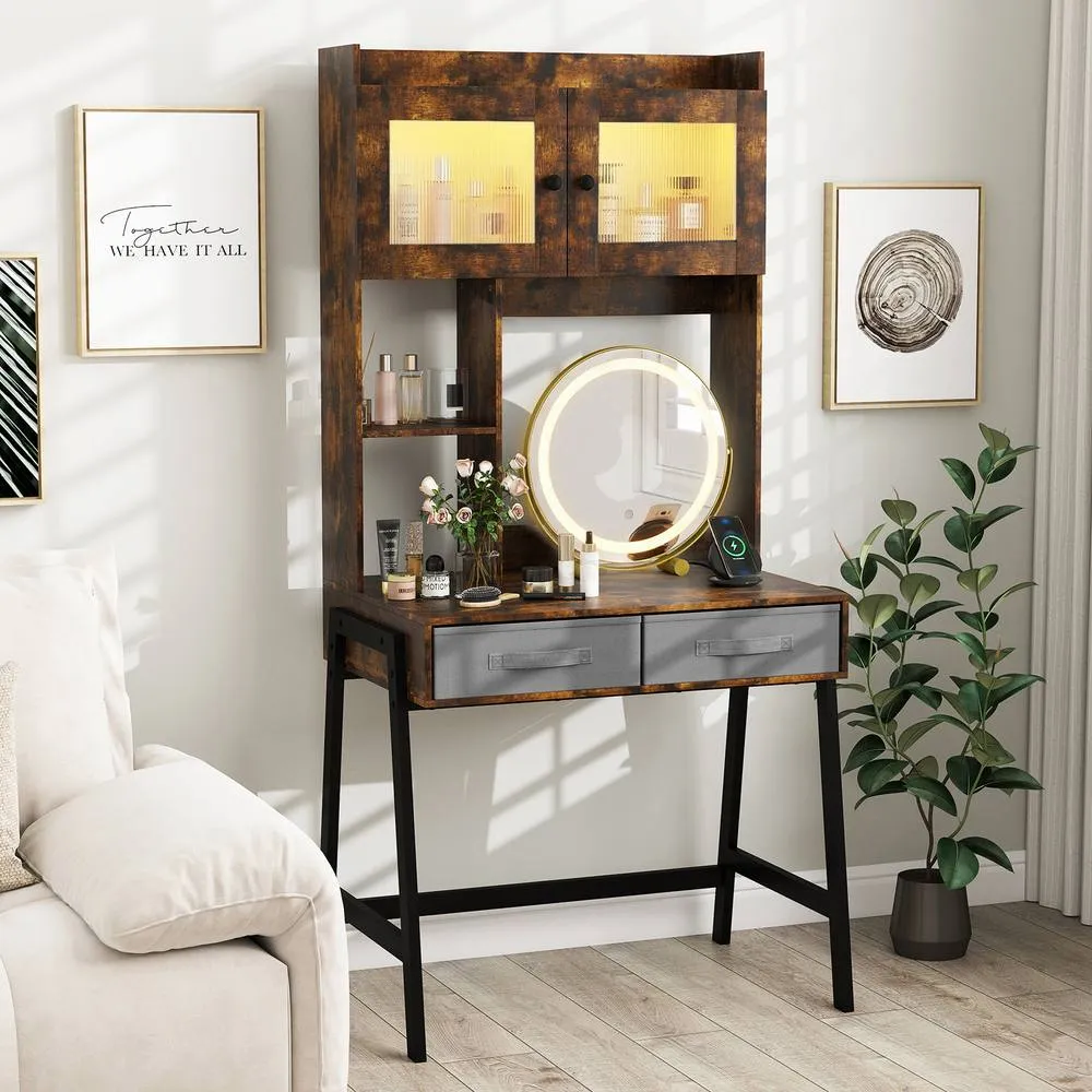 Costway Makeup Vanity Desk w/Mirror & Lights Dressing Table w/Charging Station in Brown 5