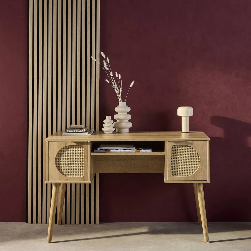 sweeek 2-drawer Wooden & Cane Effect Desk in Light Brown