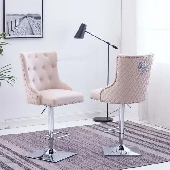 Chelsi Cream Velvet Upholstered Gas-Lift Bar Chairs In Pair