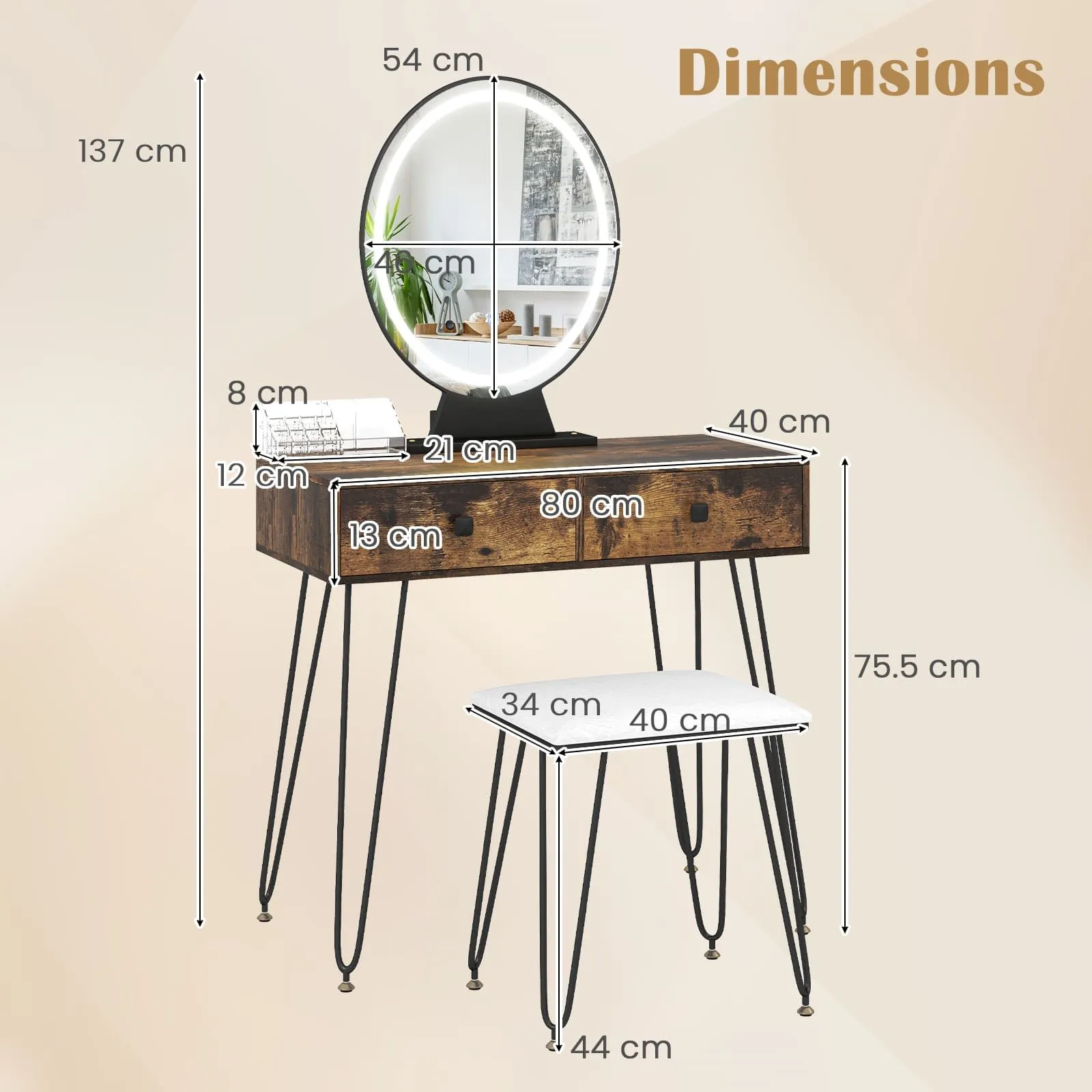 Costway Vanity Set Makeup Dressing Table w/ Soft Cushioned Stool & Mirror in Brown 2