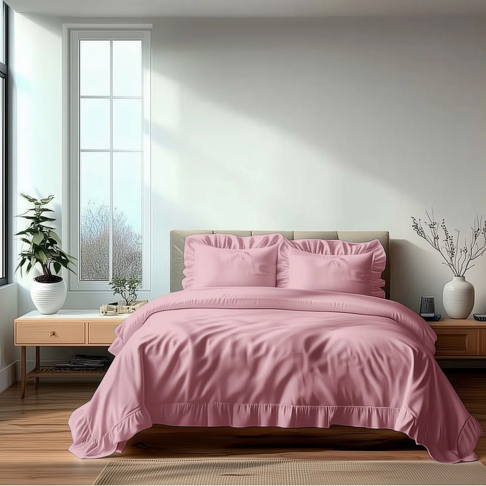 Snug City Duvet Cover & Pillowcase Set Trendy Polycotton Frilled Design Linen in Pink