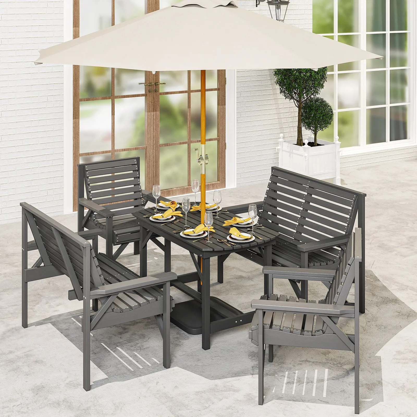 OUTSUNNY 5PC Patio Dining Set Wooden Table & Chairs w/ Umbrella Hole Grey