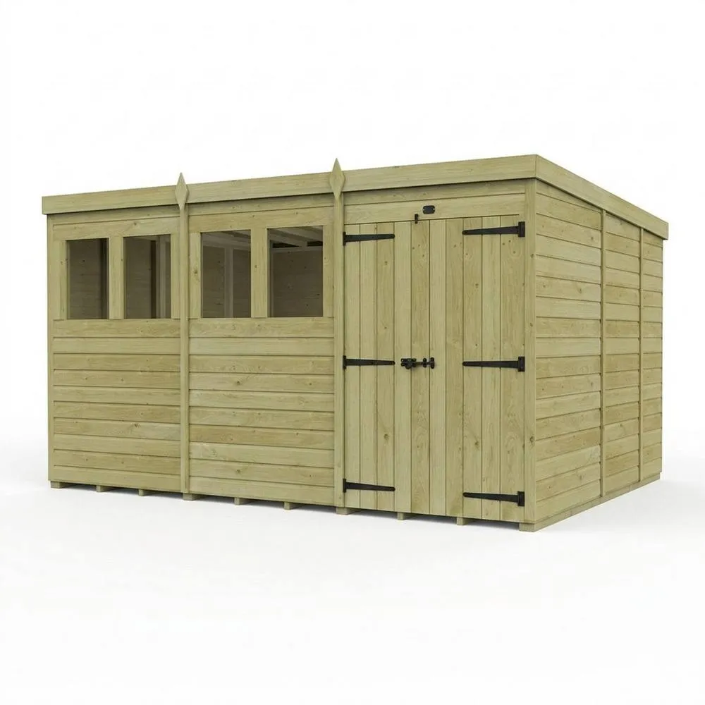 Buttercup Farm 12ft x 9ft Pent Garden Shed Double Door With Windows - Timber in Brown