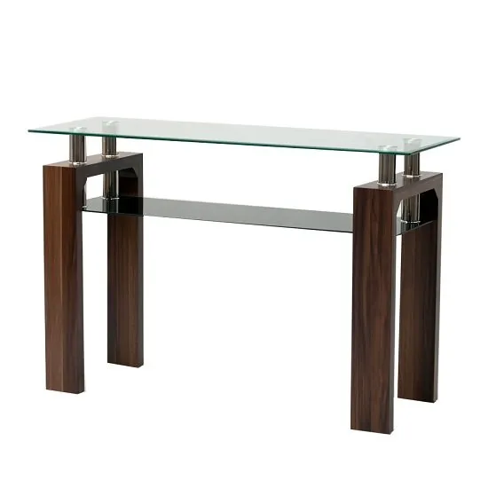 Tetro Glass Console Table Rectangular In Clear With Walnut Legs
