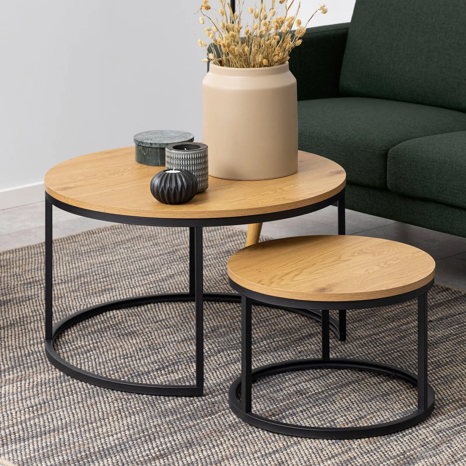 Furniture To Go Spiro Round Coffee Table Set with Oak Top & Black Legs 3
