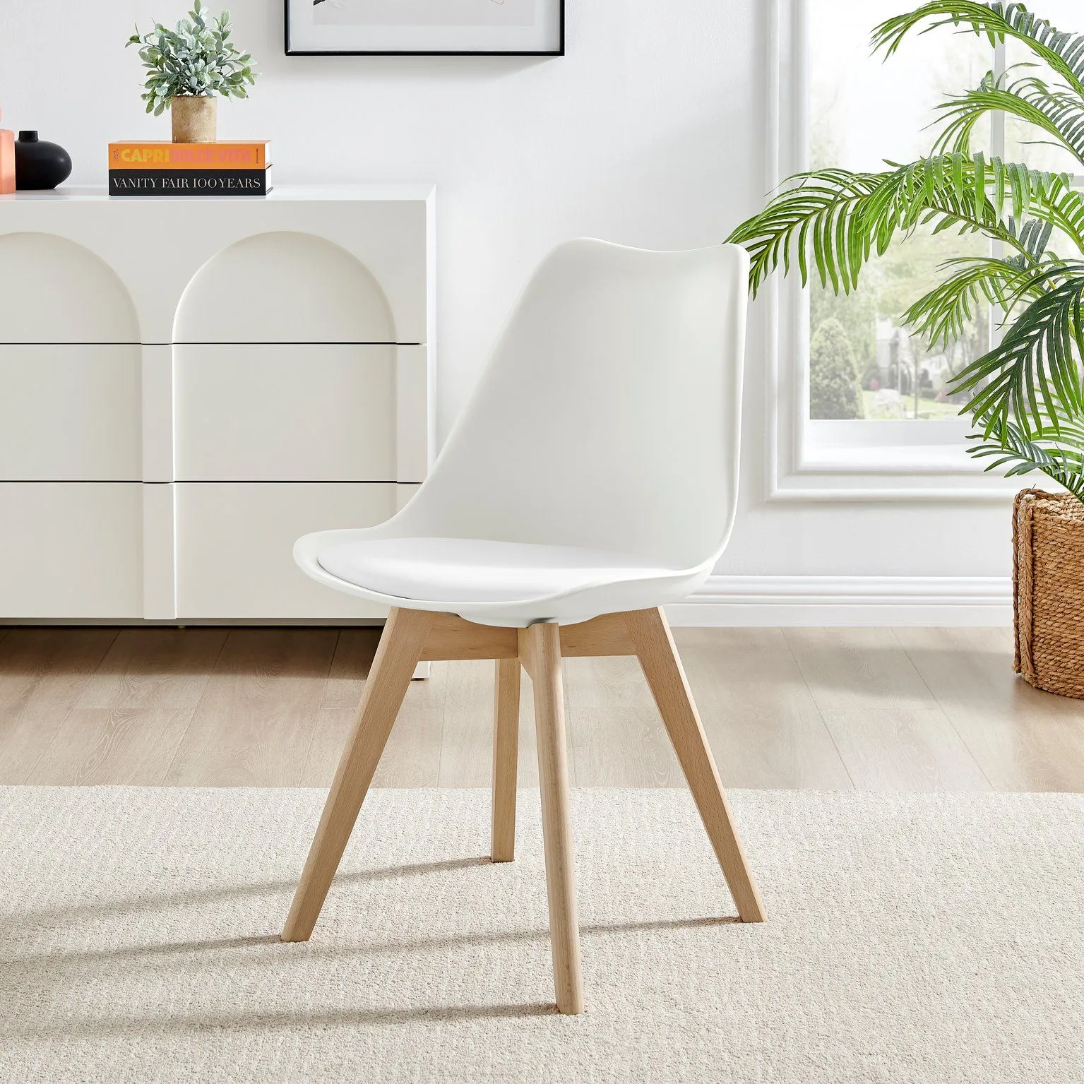 FurnitureboxUK Set of 2 Stockholm Natural Birch Wood Scandi Minimalist Dining Chairs with Faux Leather Cushion in White 5